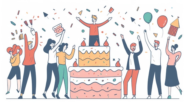 Es gibt Leute, die um einen riesigen Kuchen im flachen Designstil feiern. Es ist eine moderne Illustration mit einem minimalistischen Designstil.