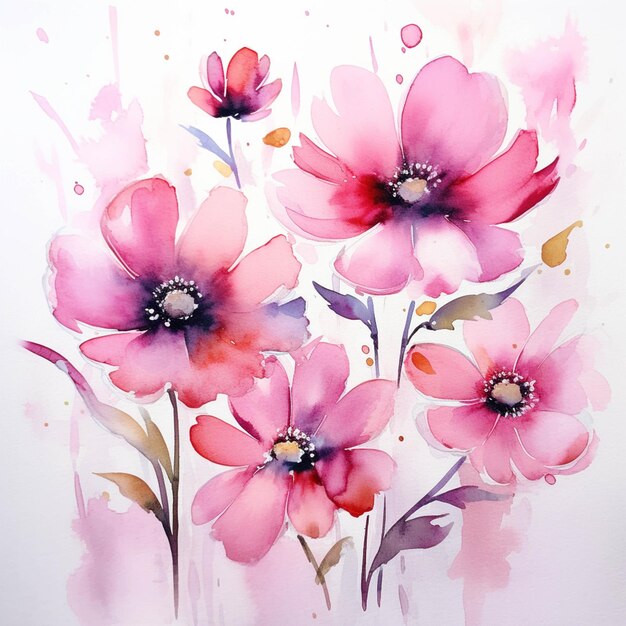 Es gibt rosa Blumen, die auf einem weißen Hintergrund mit generativem Aquarell-Ai gemalt sind