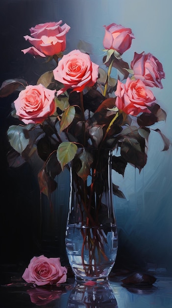 Es gibt rosa Rosen in einer Vase auf einem Tisch. Generative KI