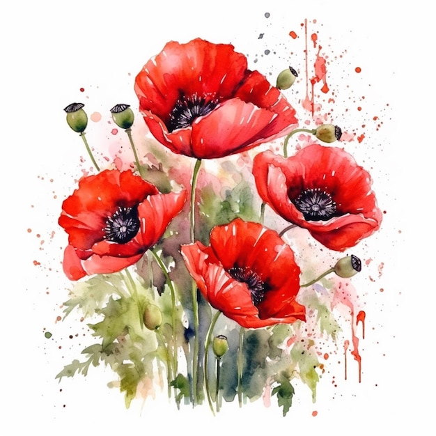 Es gibt rote Blumen, die mit Aquarell-Generativ-AI auf weißem Hintergrund gemalt sind