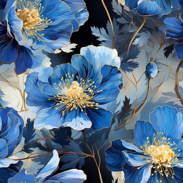 Es gibt viele blaue Blumen auf einem schwarzen Hintergrund.
