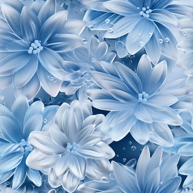 Es gibt viele blaue Blumen mit Wassertropfen auf ihnen generative ai