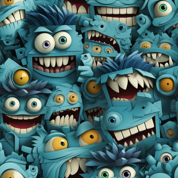 Foto es gibt viele blaue monster mit großen augen und großen zähnen.