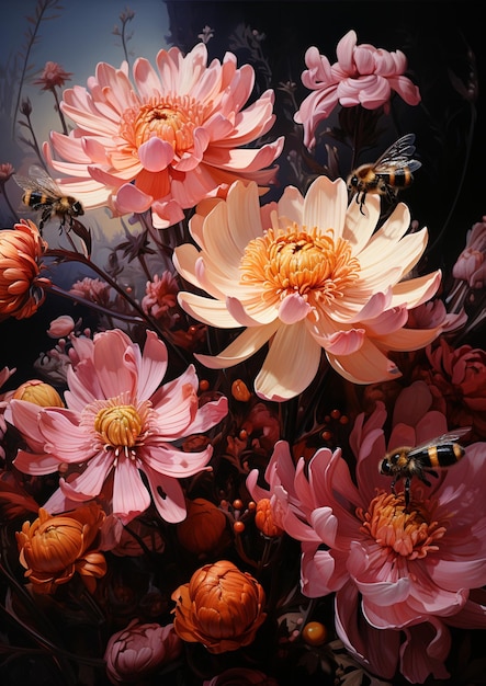 Es gibt viele Blumen, die in einer Vase mit einer generativen Biene stehen