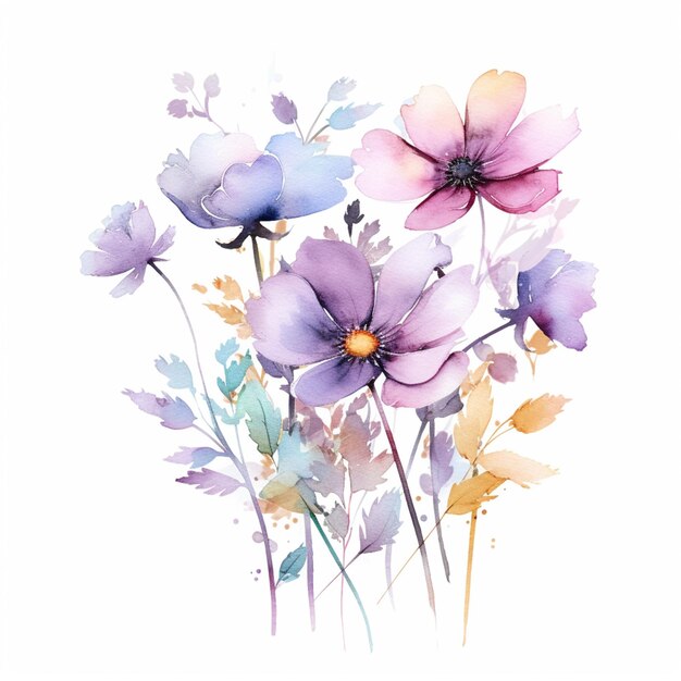 Es gibt viele Blumen, die mit Aquarell auf einem weißen Hintergrund gemalt sind.