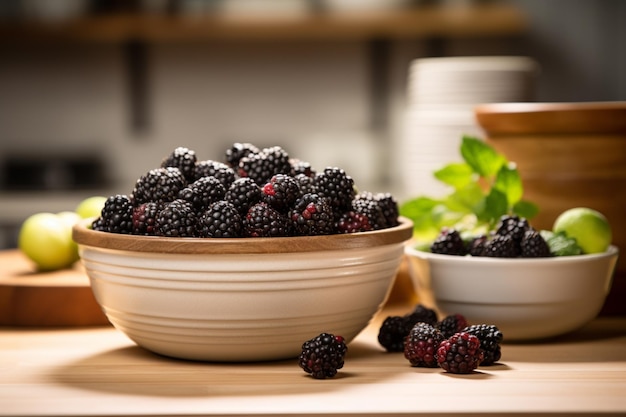 Es gibt viele Brombeeren in einer Schüssel auf der Theke