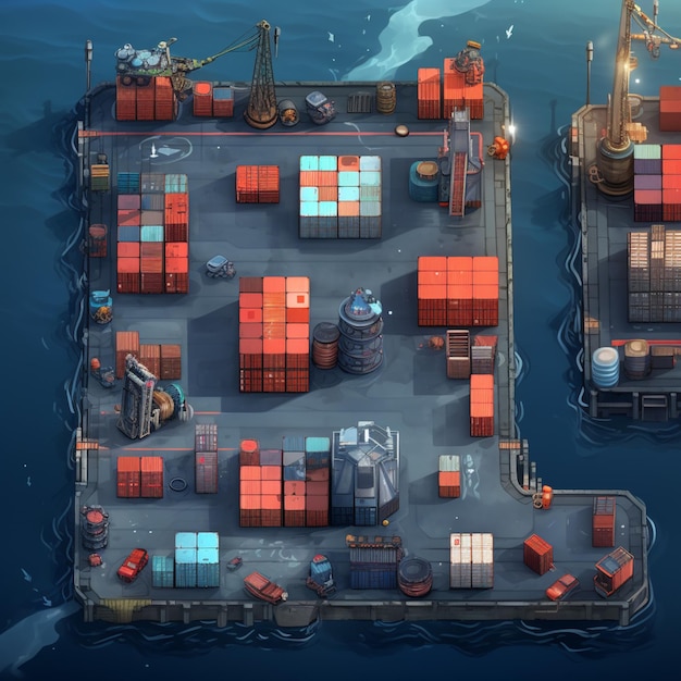 Es gibt viele Container auf dem Dock eines großen Schiffes generative ai