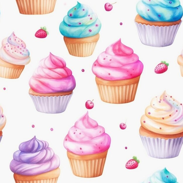 Es gibt viele Cupcakes mit verschiedenen Farben und Designs darauf