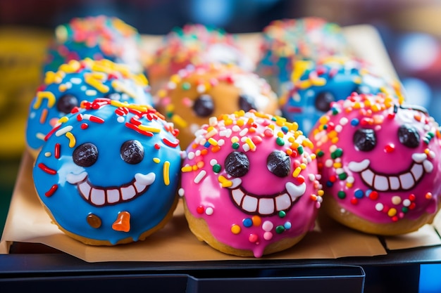 Foto es gibt viele donuts mit unterschiedlich farbigen sprinkles