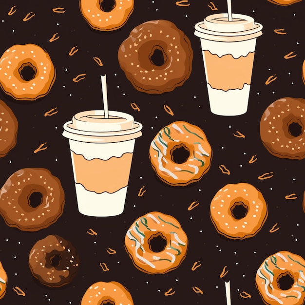 es gibt viele Donuts und ein Getränk auf einem schwarzen Hintergrund generative ai