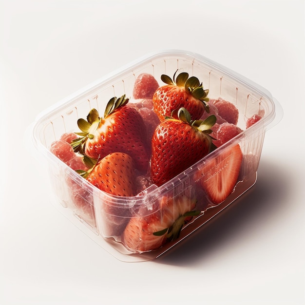Es gibt viele Erdbeeren in einem generativen Plastikbehälter