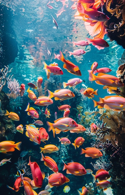 Es gibt viele farbige Fische, die im Wasser schwimmen.