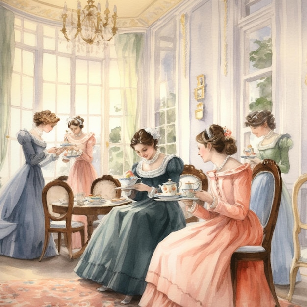 Es gibt viele Frauen in Kleidern, die an einem Tisch sitzen und generative Ai essen.