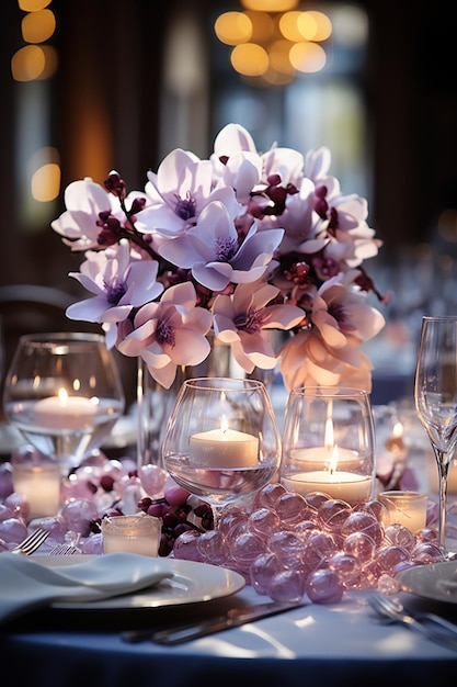 Es gibt viele Gläser und Teller auf dem Tisch mit Blumen