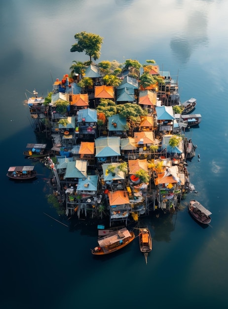 Es gibt viele Häuser auf einer kleinen Insel in der wasserreichen Umgebung