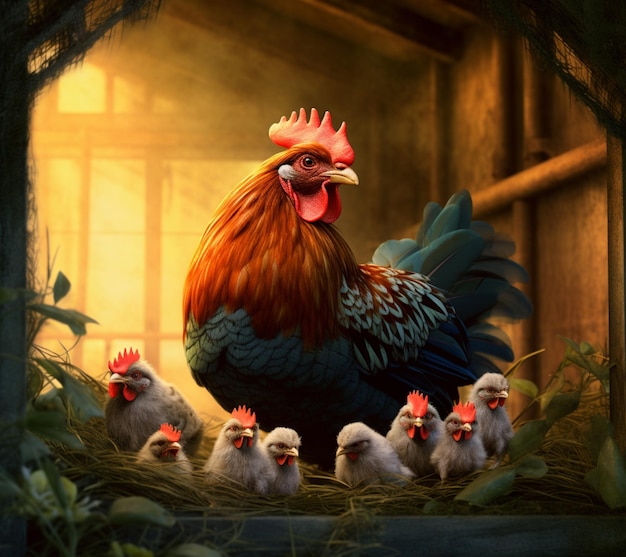 Es gibt viele Hühner, die in einem Stall mit einer generativen Hahn-Ki stehen