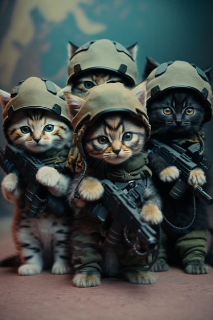 Es gibt viele Katzen in einheitlichen Uniformen mit Waffen und Helmen, die künstliche Intelligenz erzeugen