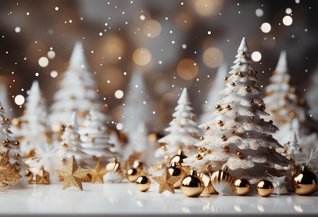 Foto es gibt viele kleine weihnachtsbäume mit goldenen schmuckstücken.