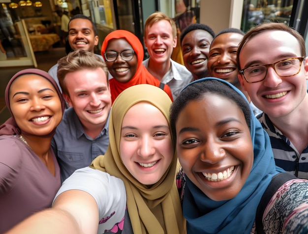 Es gibt viele Leute, die lächeln und zusammen ein Selfie machen.