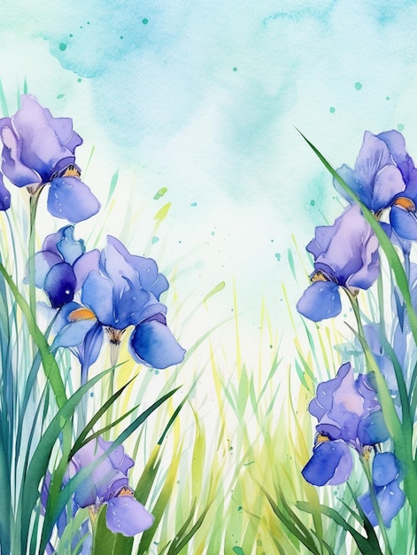 Es gibt viele lila Blumen im Gras mit einem blauen Himmel im Hintergrund, generative KI