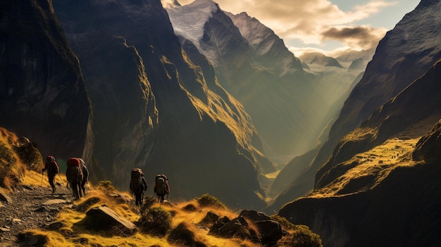 Es gibt viele Menschen, die einen Bergpfad in den Bergen hinauflaufen.