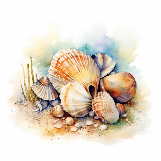 Es gibt viele Muscheln im Sand mit generativer Aquarellfarbe