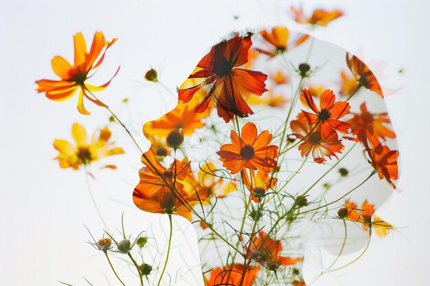 Es gibt viele orangefarbene Blumen in einer Vase mit weißem Hintergrund.