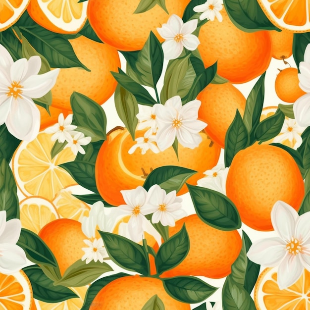 Es gibt viele Orangen und weiße Blüten auf dem orangefarbenen generativen Ai