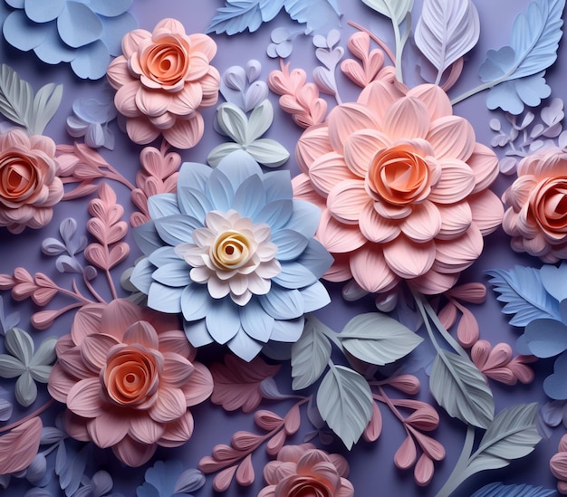 Es gibt viele Papierblumen auf einer blauen Oberfläche generative ai