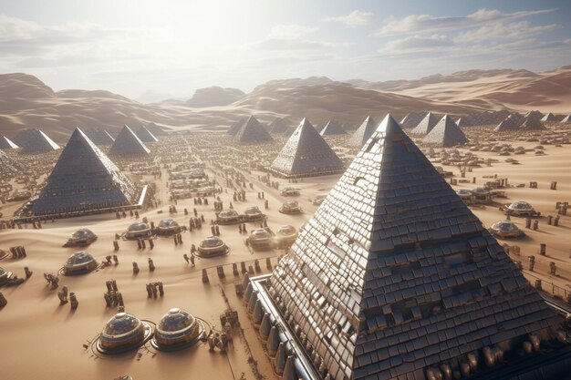 Es gibt viele Pyramiden in der Wüste, um die Menschen herumlaufen, generative KI