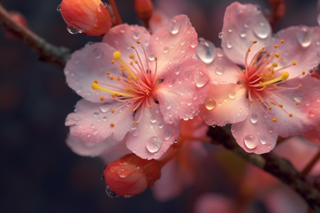 Es gibt viele rosa Blüten mit Wassertropfen auf ihnen.