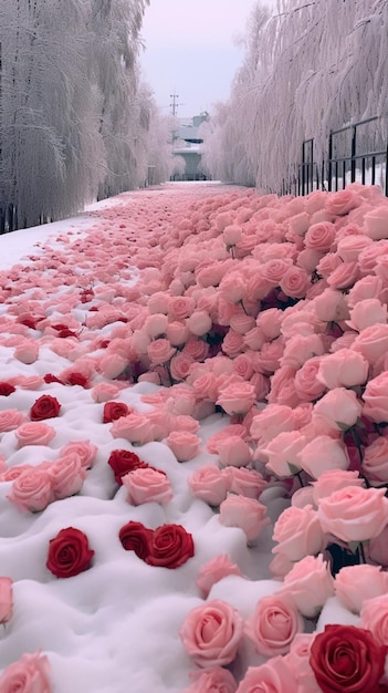 Es gibt viele rosa Rosen, die auf dem Boden in der schneeerzeugenden Luft liegen