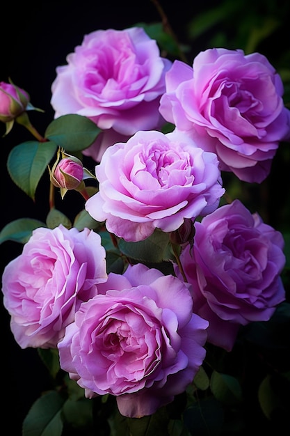Es gibt viele rosa Rosen, die im dunklen generativen Himmel blühen