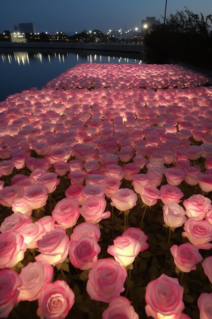 Es gibt viele rosa Rosen, die im dunklen generativen KI leuchten