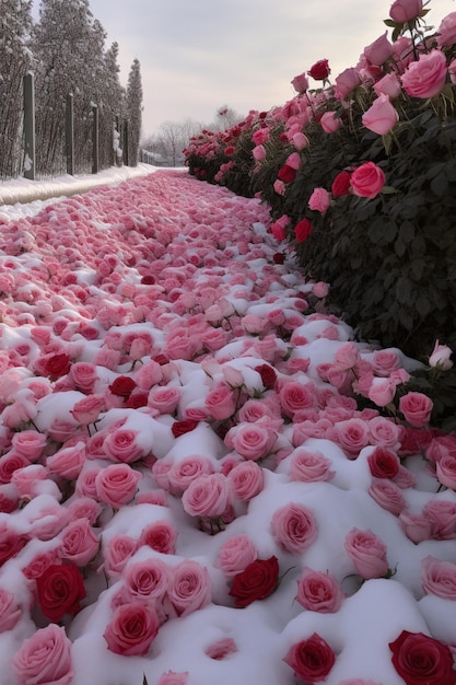 Es gibt viele rosa Rosen, die mit Schnee bedeckt sind