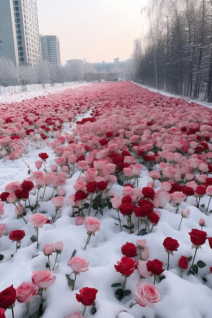 Es gibt viele rosa Rosen im Schnee mitten auf einem generativen Feld