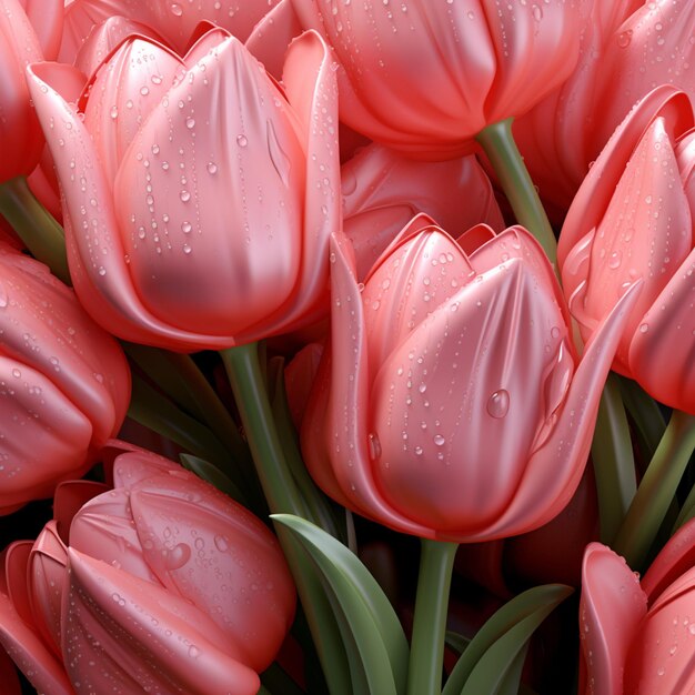 Es gibt viele rosafarbene Tulpen mit Wassertropfen darauf