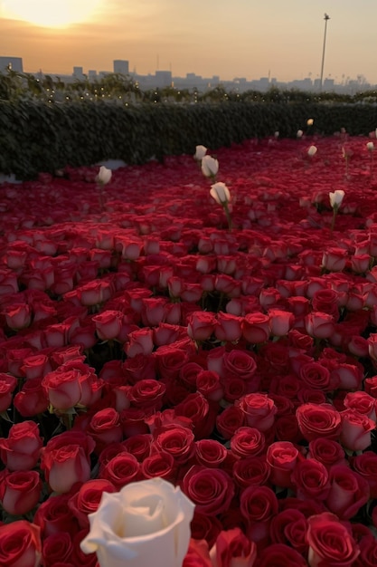 Es gibt viele rote Rosen auf einem Feld mit einer weißen Rose in der Mitte