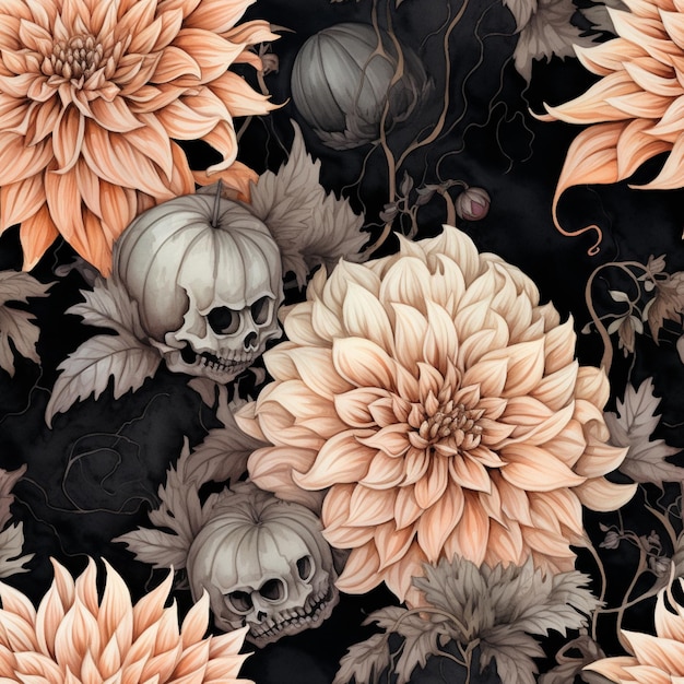 Es gibt viele Schädel und Blumen auf einem schwarzen Hintergrund.