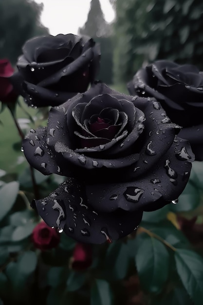 Es gibt viele schwarze Rosen mit Wassertropfen darauf, generative KI