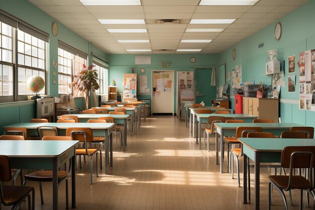 Es gibt viele Tische und Stühle in diesem Klassenzimmer mit einer Uhr an der Wand.