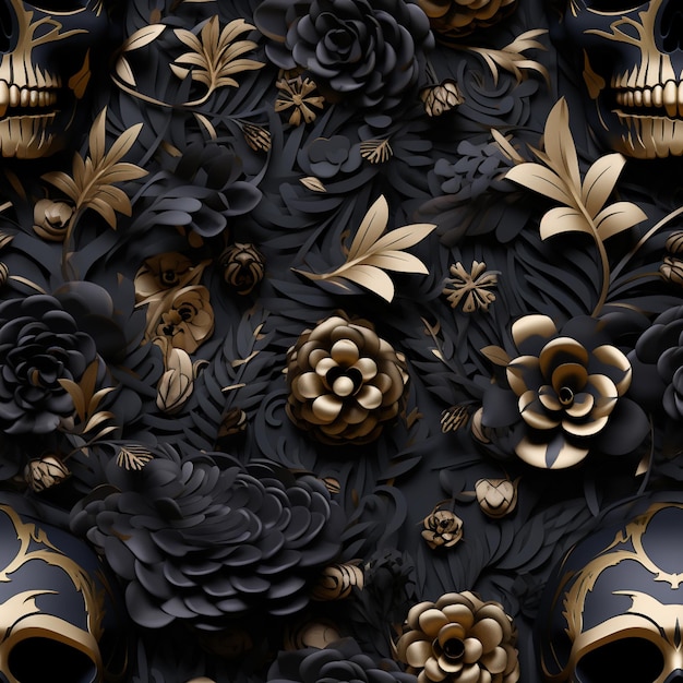 Es gibt viele Totenköpfe und Blumen auf schwarzem Hintergrund. Generative KI