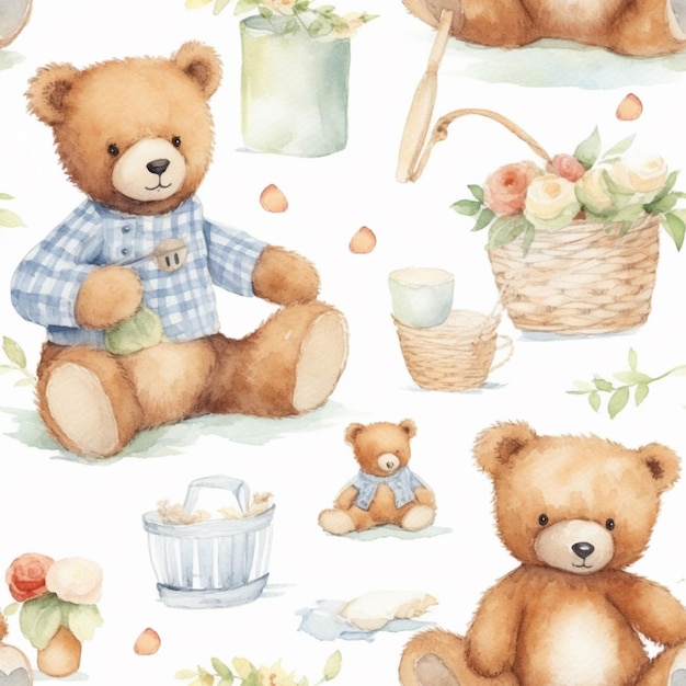 Es gibt viele verschiedene Bilder von einem Teddybären mit einem Korb.