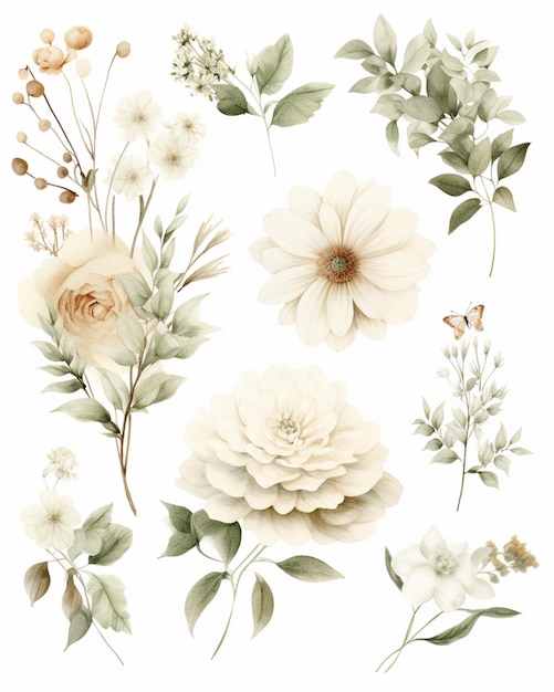 Es gibt viele verschiedene Blumen und Blätter auf diesem generativen Hintergrund mit weißem Hintergrund
