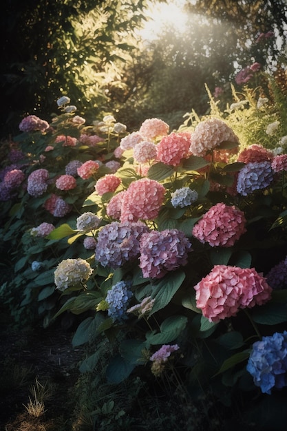 Es gibt viele verschiedene farbige Blumen im Busch mit der Sonne scheinen generative ai