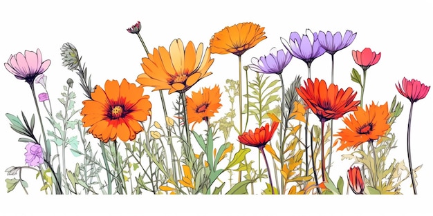 Es gibt viele verschiedene farbige Blumen in einem Feld generative ai.