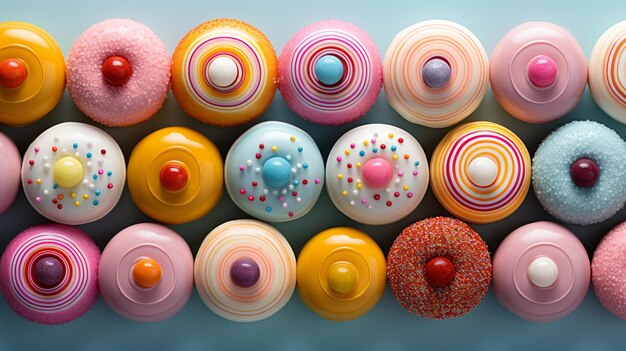 Es gibt viele verschiedene farbige Donuts auf einer blauen Oberfläche generative ai