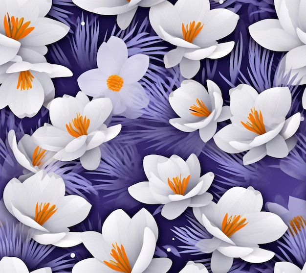Es gibt viele weiße Blüten mit orangefarbenen Zentren auf einem violetten Hintergrund
