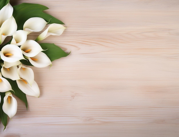 Es gibt viele weiße Blumen auf einem Holztisch.