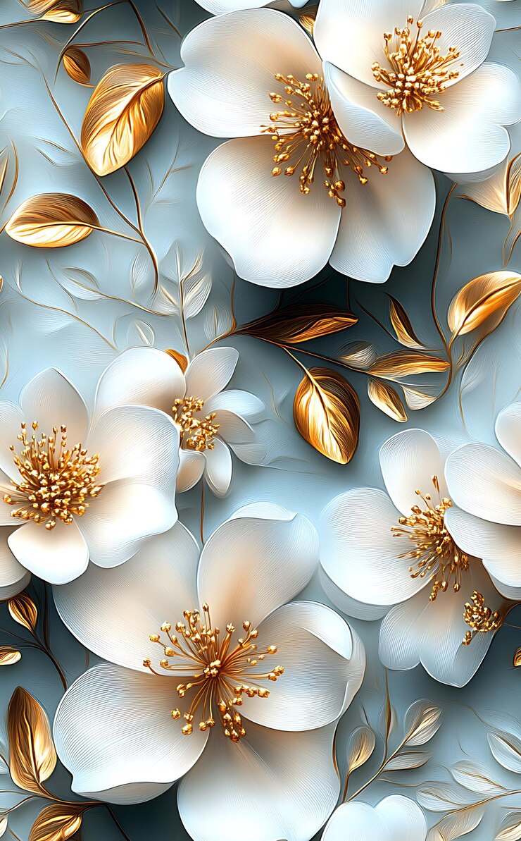 es gibt viele weiße Blumen mit goldenen Blättern auf einem blauen Hintergrund